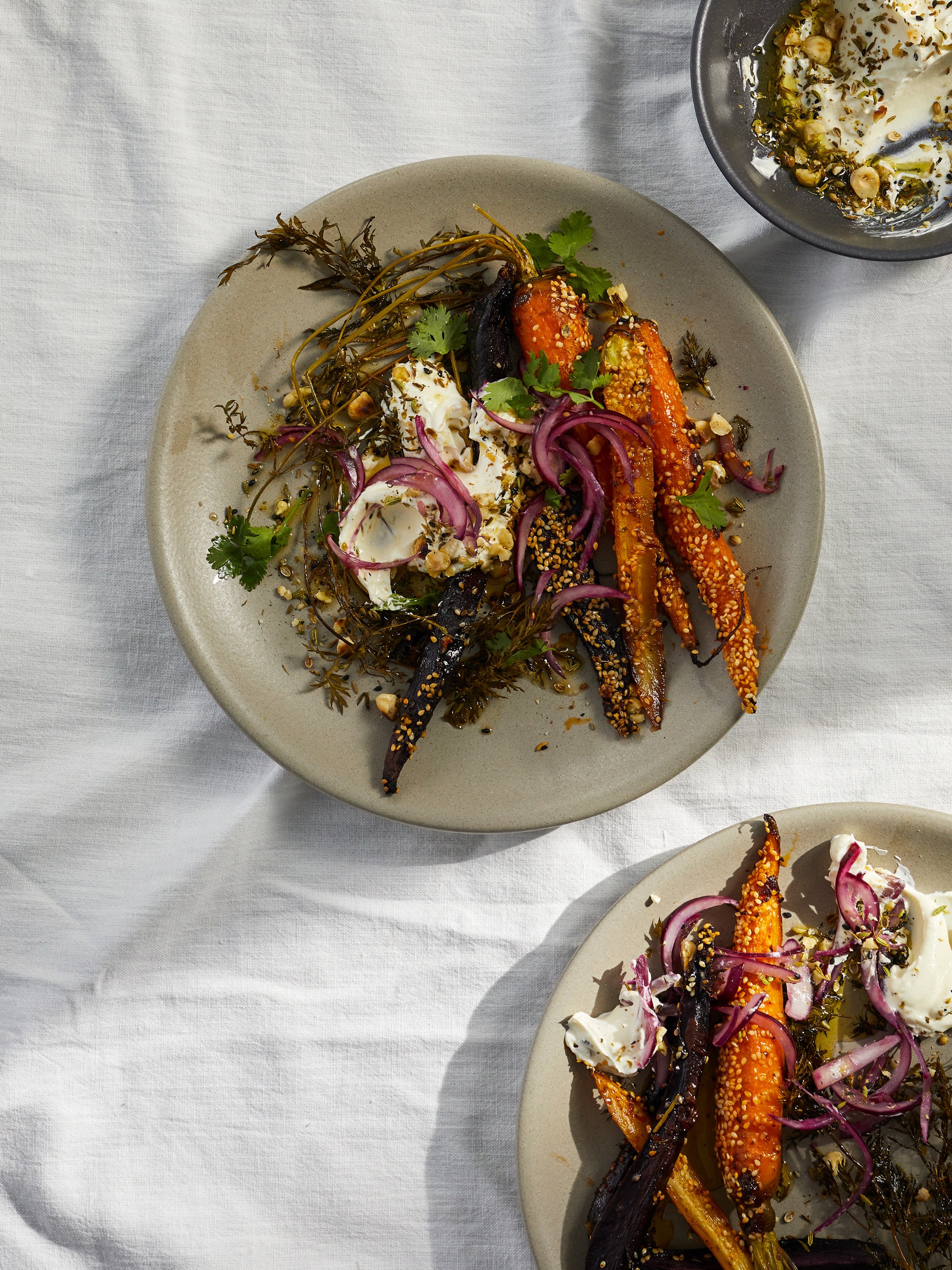 Roasted carrots with labneh, pink pickled onions and hazelnut dukkah ...